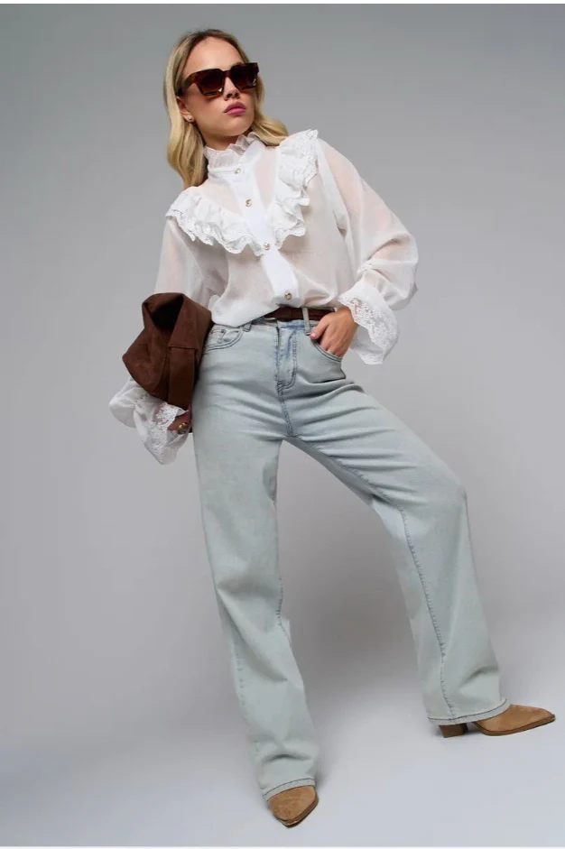Lace Trim Stand Collar Chiffon Blouse - Image 10