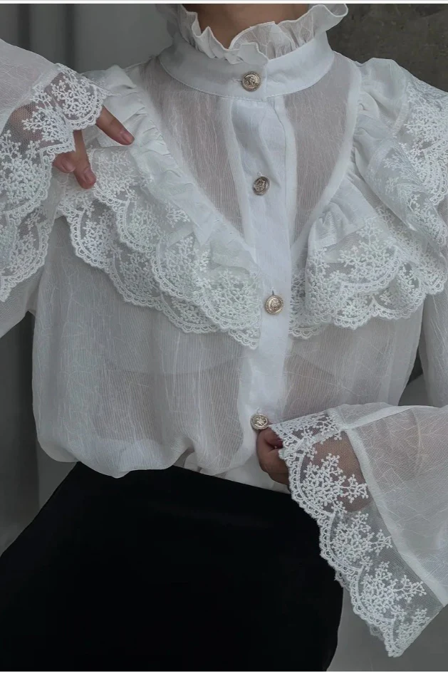Lace Trim Stand Collar Chiffon Blouse - Image 11