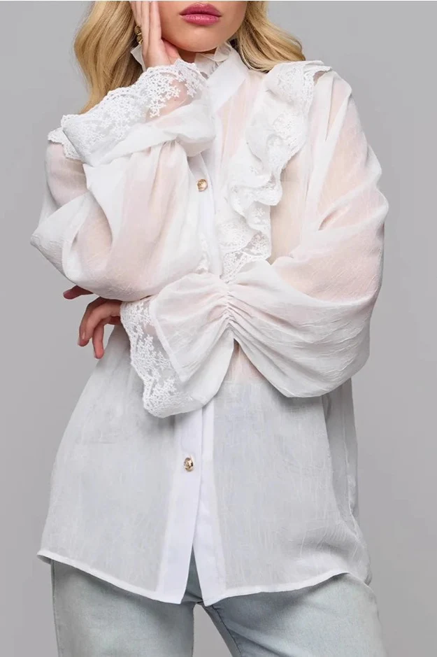 Lace Trim Stand Collar Chiffon Blouse - Image 2