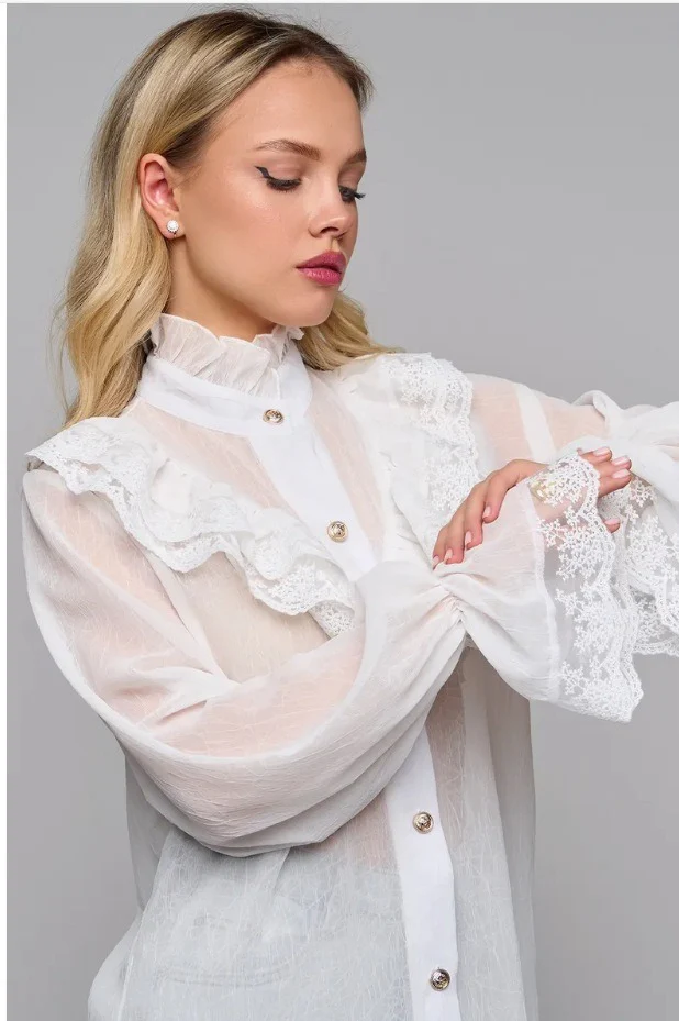 Lace Trim Stand Collar Chiffon Blouse - Image 4