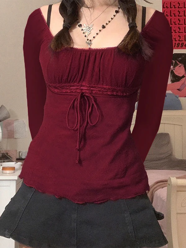 Lace Trim Tie Front Long Sleeve Blouse - Image 17