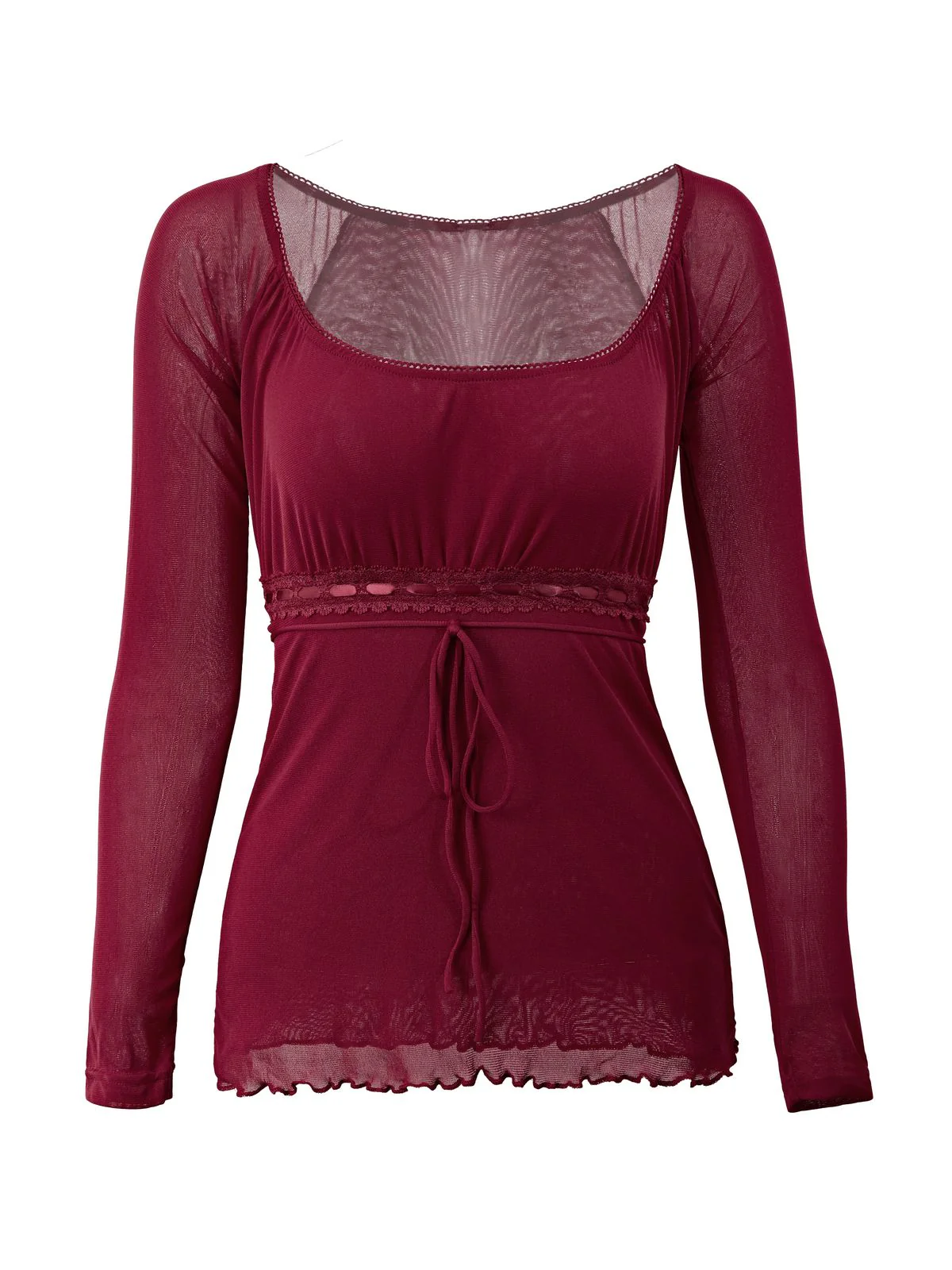 Lace Trim Tie Front Long Sleeve Blouse - Image 20