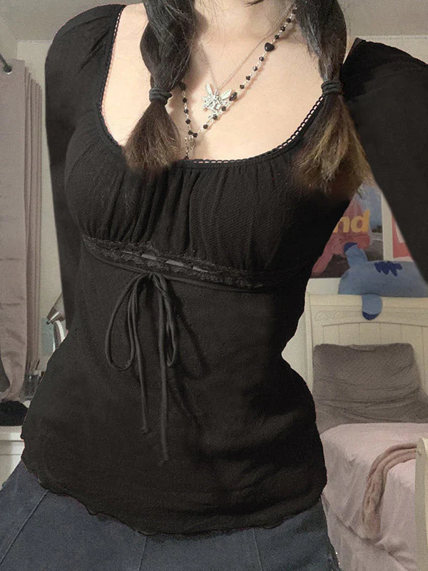 Lace Trim Tie Front Long Sleeve Blouse - Image 26