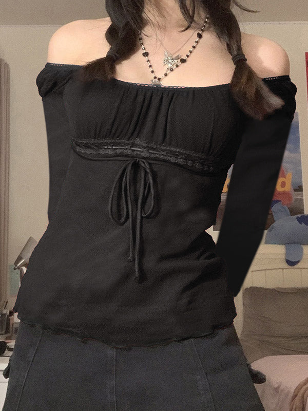Lace Trim Tie Front Long Sleeve Blouse - Image 27