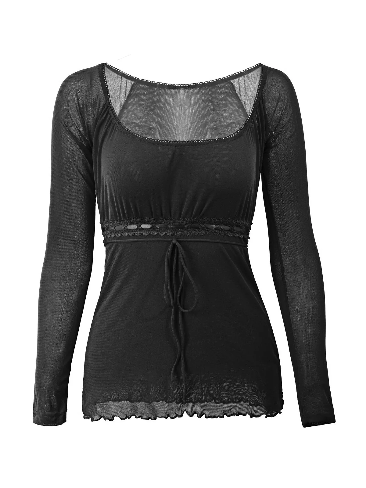 Lace Trim Tie Front Long Sleeve Blouse - Image 4
