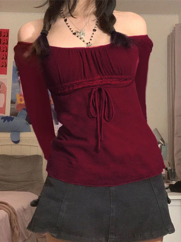 Lace Trim Tie Front Long Sleeve Blouse - Image 7