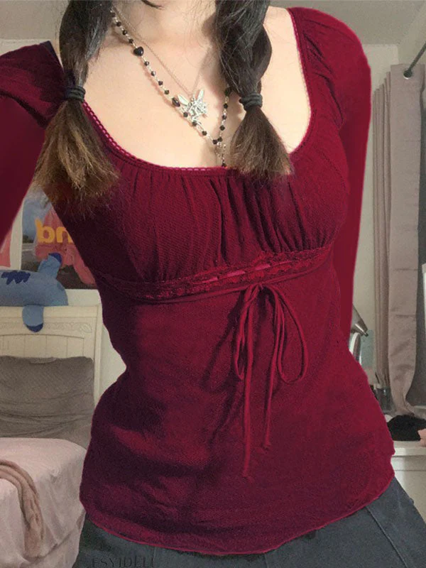 Lace Trim Tie Front Long Sleeve Blouse - Image 8