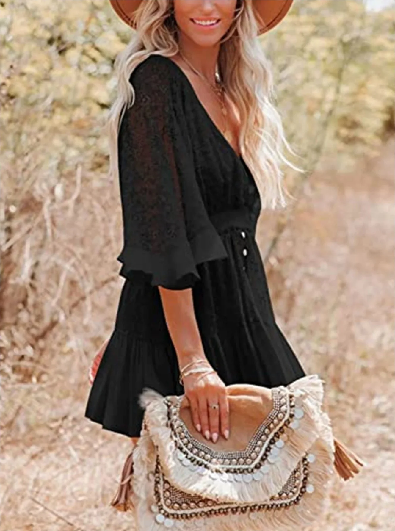 Lace V-Neck Ruffle Mini Boho Dress - Image 18