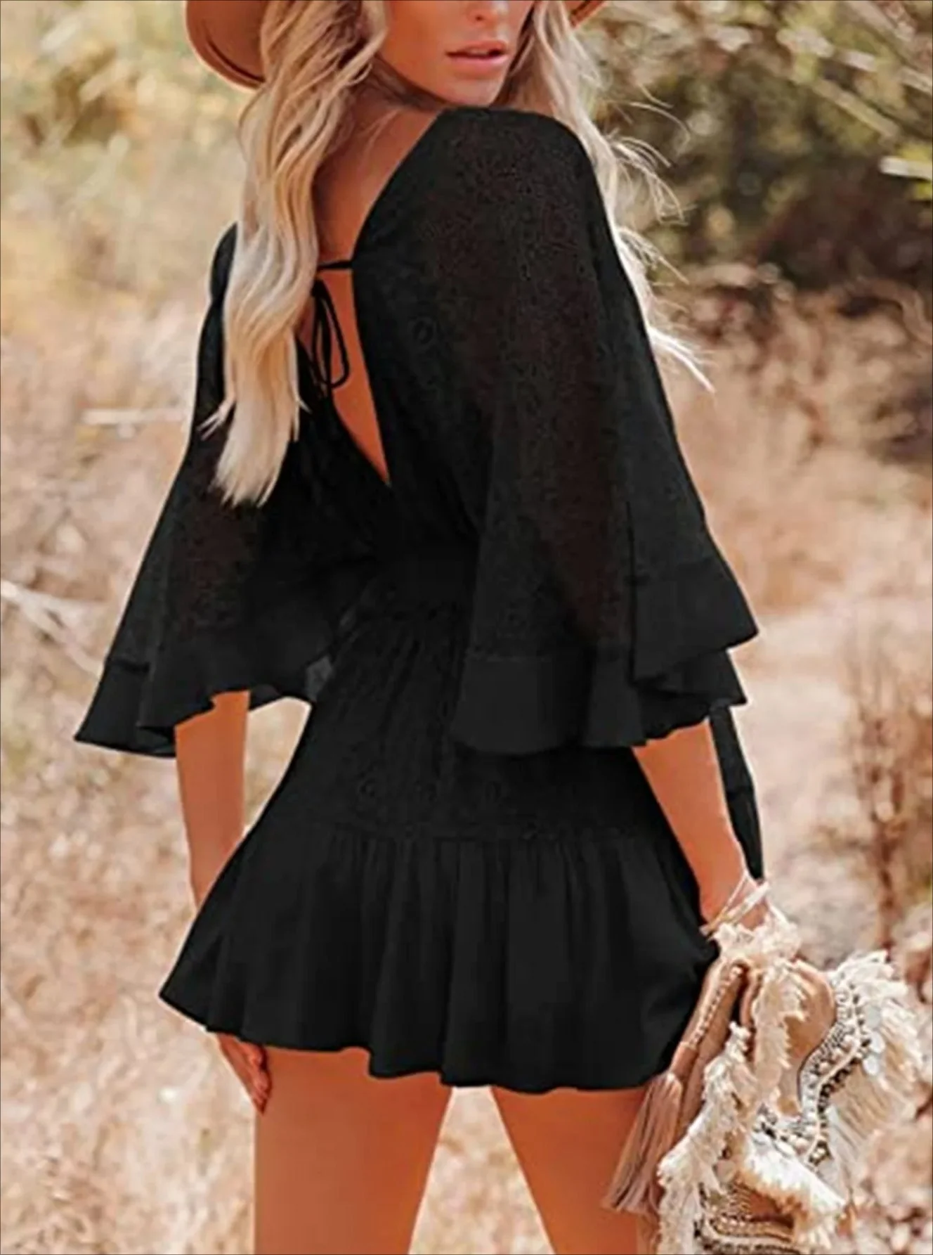 Lace V-Neck Ruffle Mini Boho Dress - Image 27