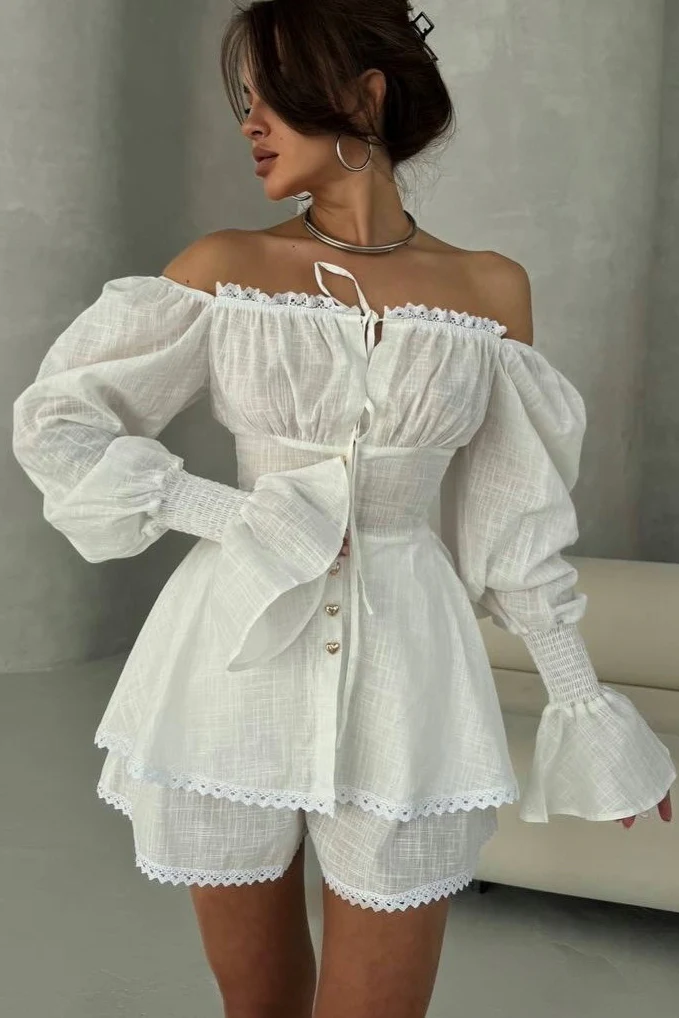 Lantern Sleeve Lace Up Off Shoulder Top Two Piece Shorts Set - Image 4