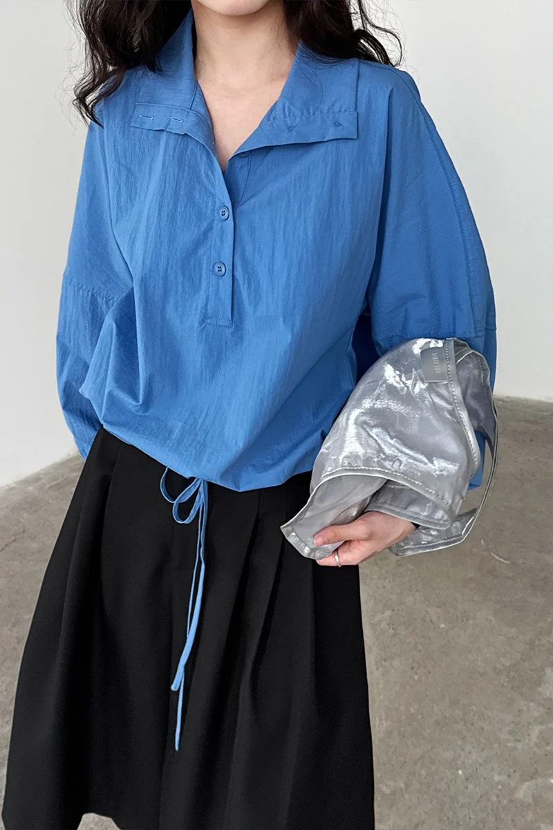 Lapel Collar Hem Drawstring Blouse - Image 3