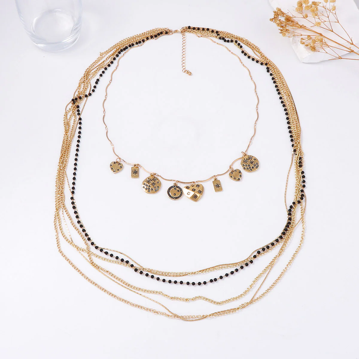 Layered Bead Chain Geometric Charm Statement Necklace - Image 5
