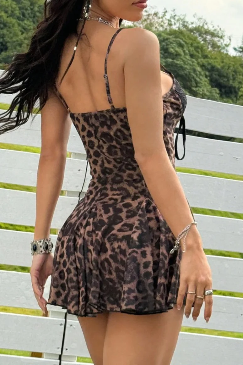 Leopard Lace Panel Spaghetti Strap Mini Dress - Image 3