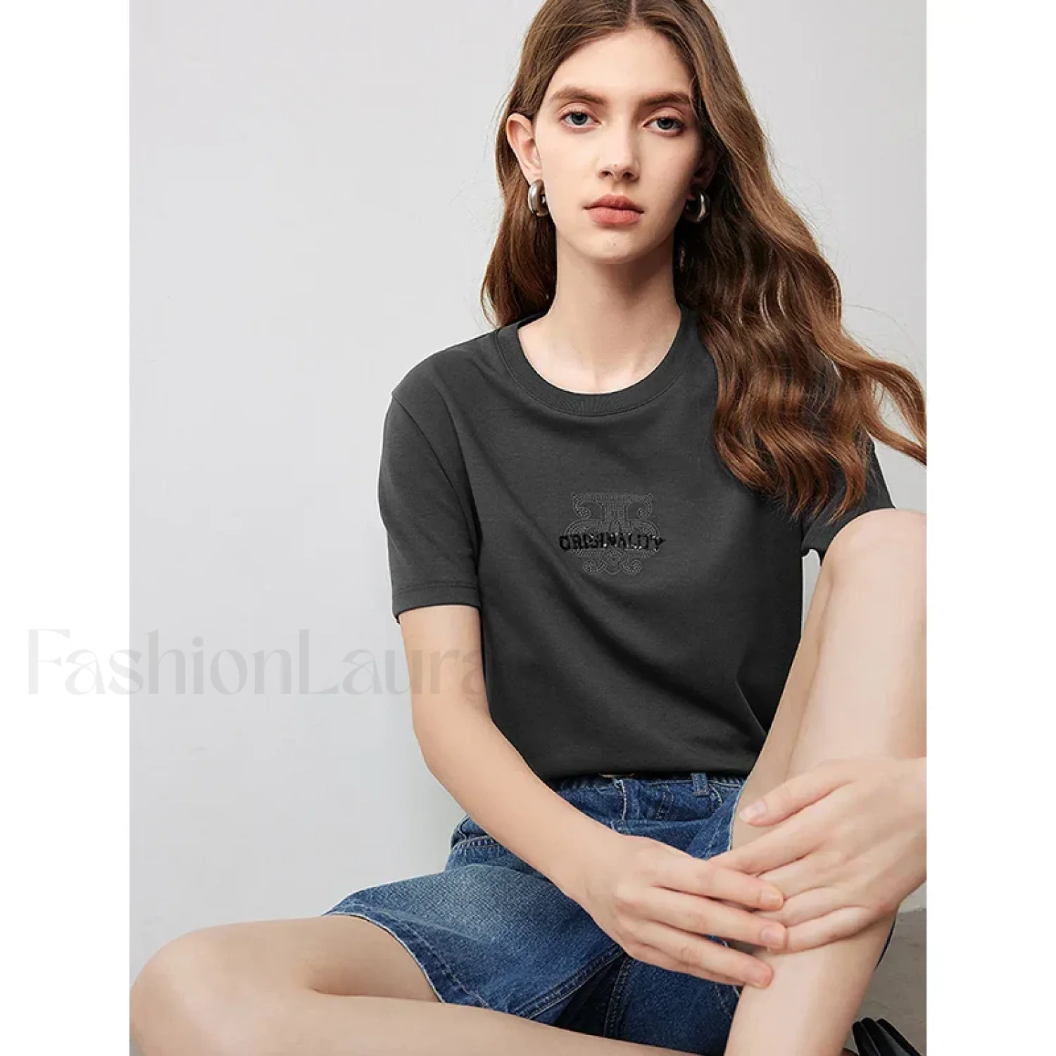 Letter Bead Embroidery Round Neck T-Shirt - Image 3