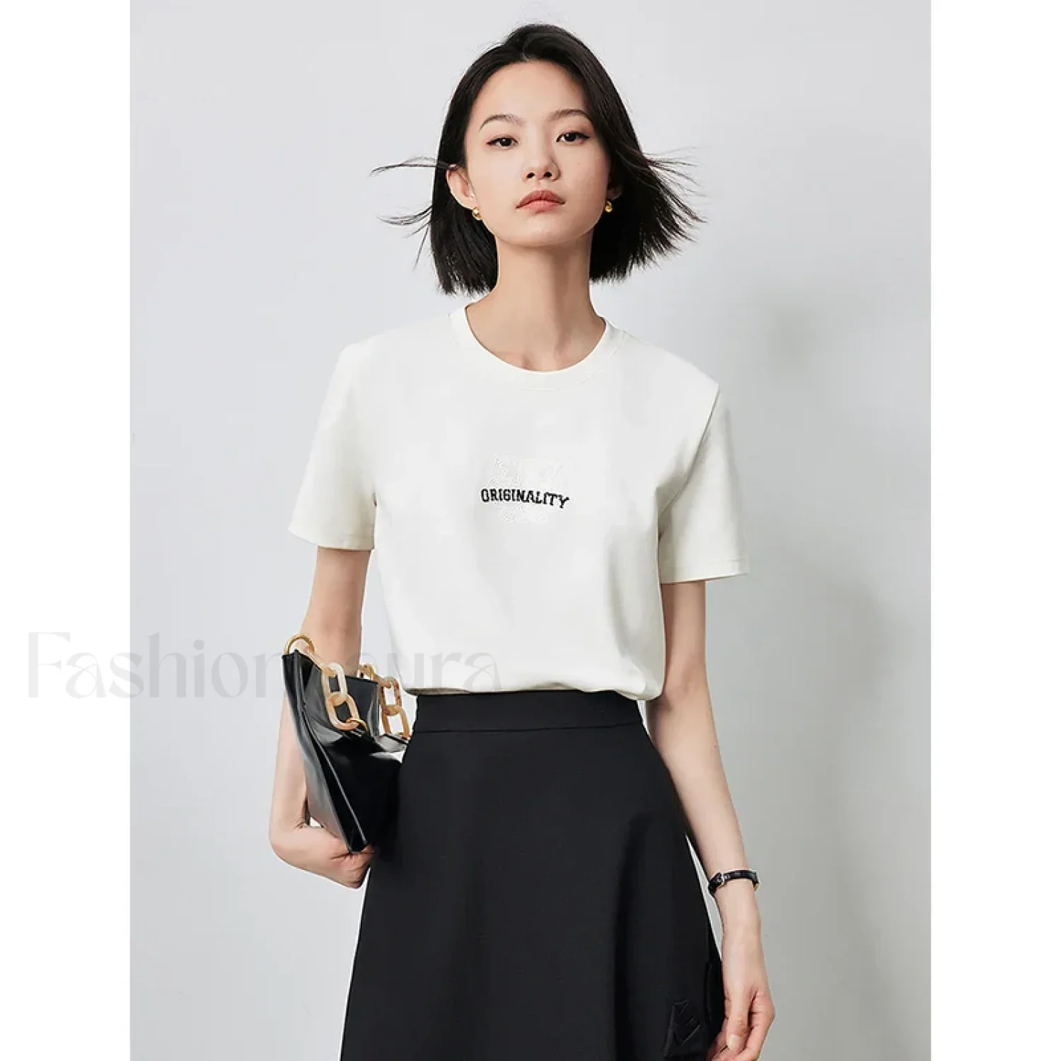 Letter Bead Embroidery Round Neck T-Shirt - Image 4