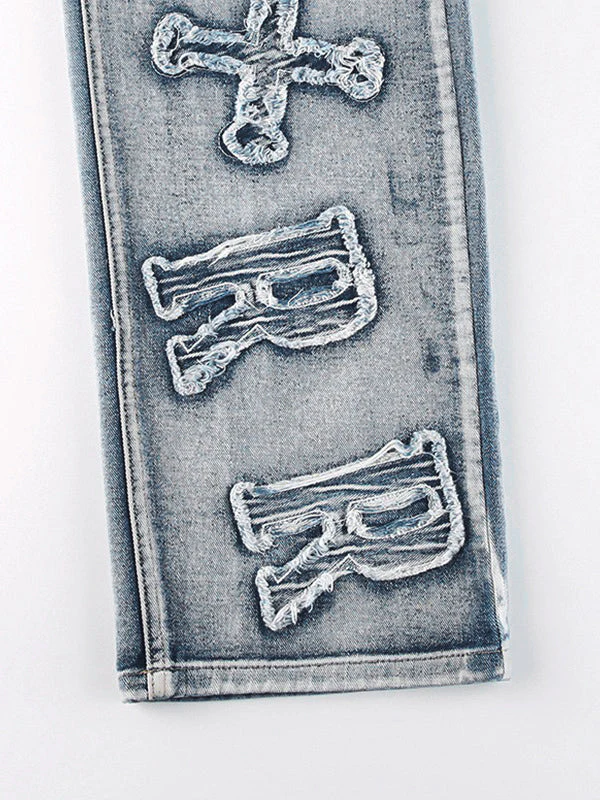 Letter Patch Faded Boyfriend Jeans - Image 7