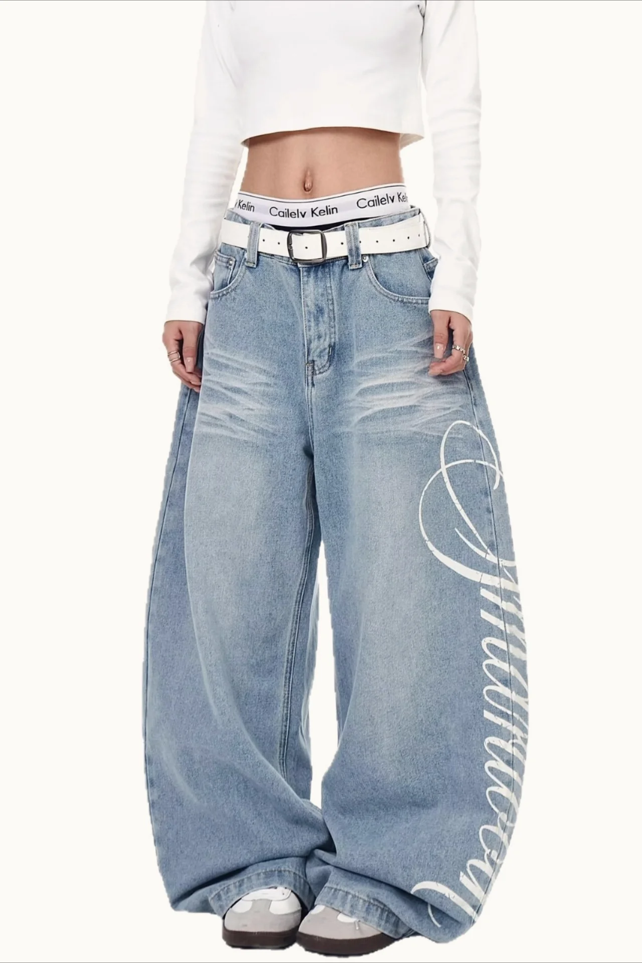 Letter Printed Slouchy Wide Leg Versatile Jeans - Image 6