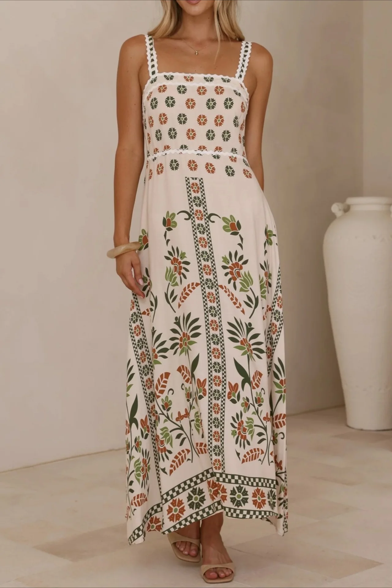 Linen Lace Trim Spaghetti Strap Boho Dress - Image 11