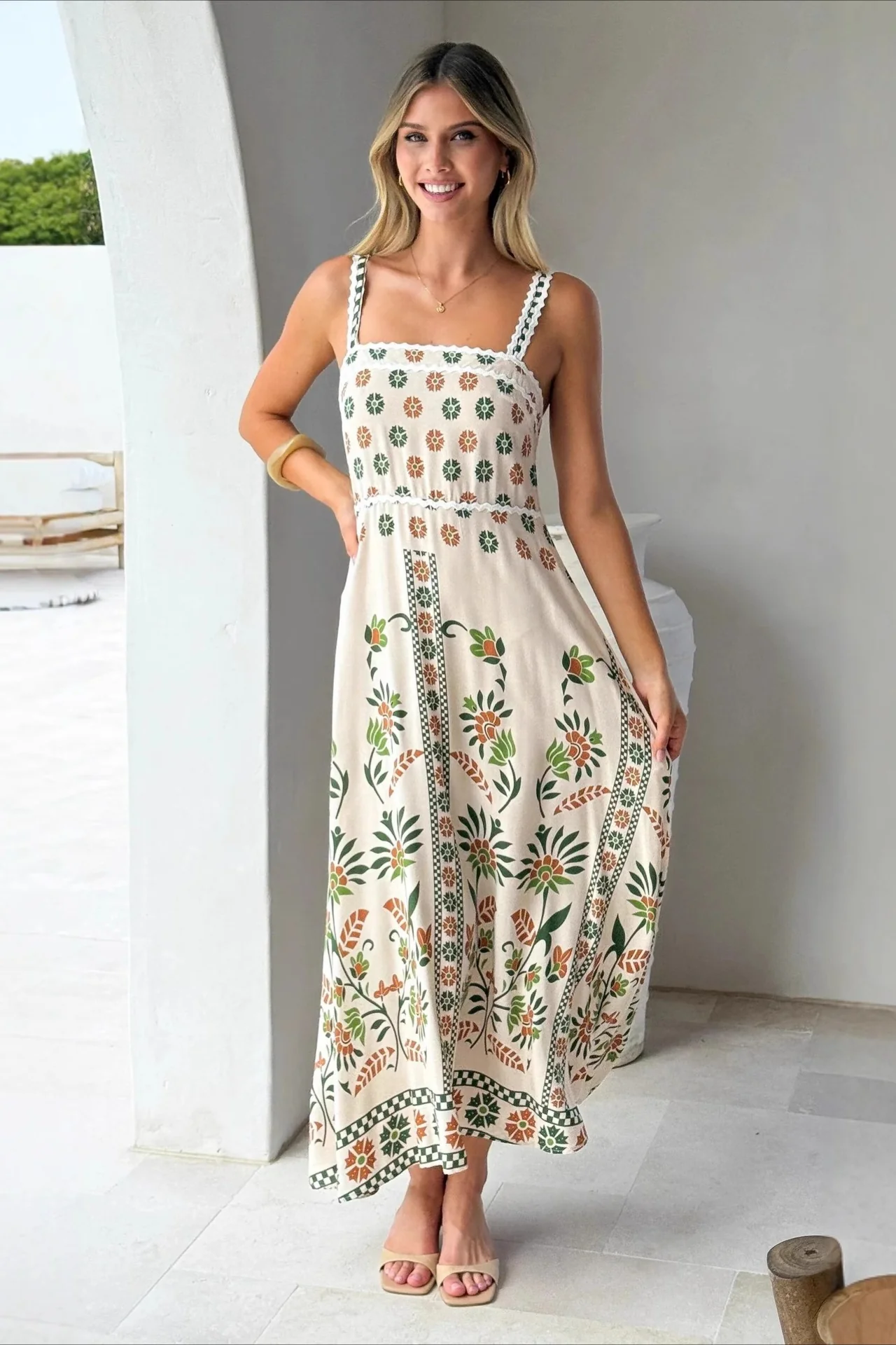 Linen Lace Trim Spaghetti Strap Boho Dress - Image 12
