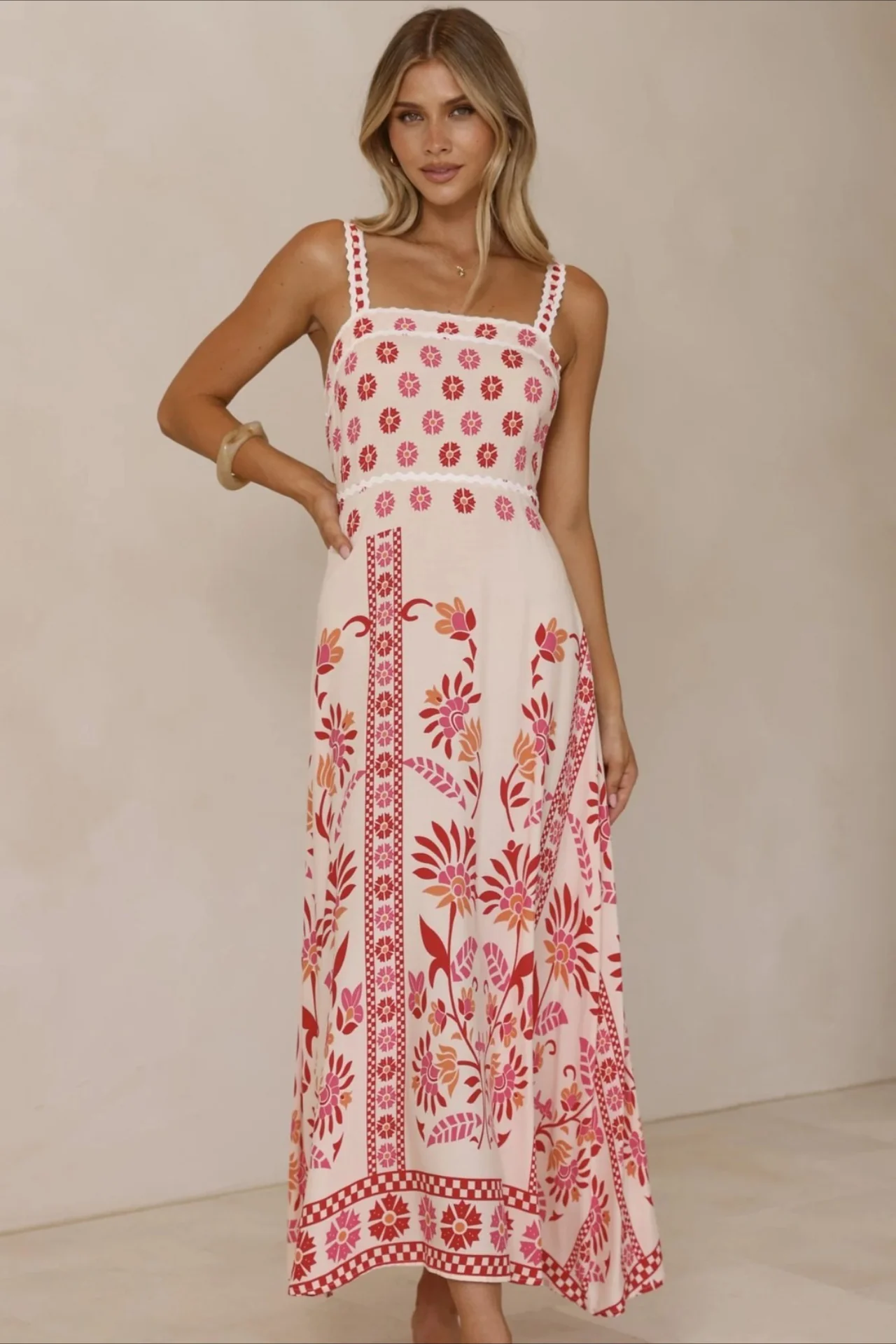 Linen Lace Trim Spaghetti Strap Boho Dress - Image 4