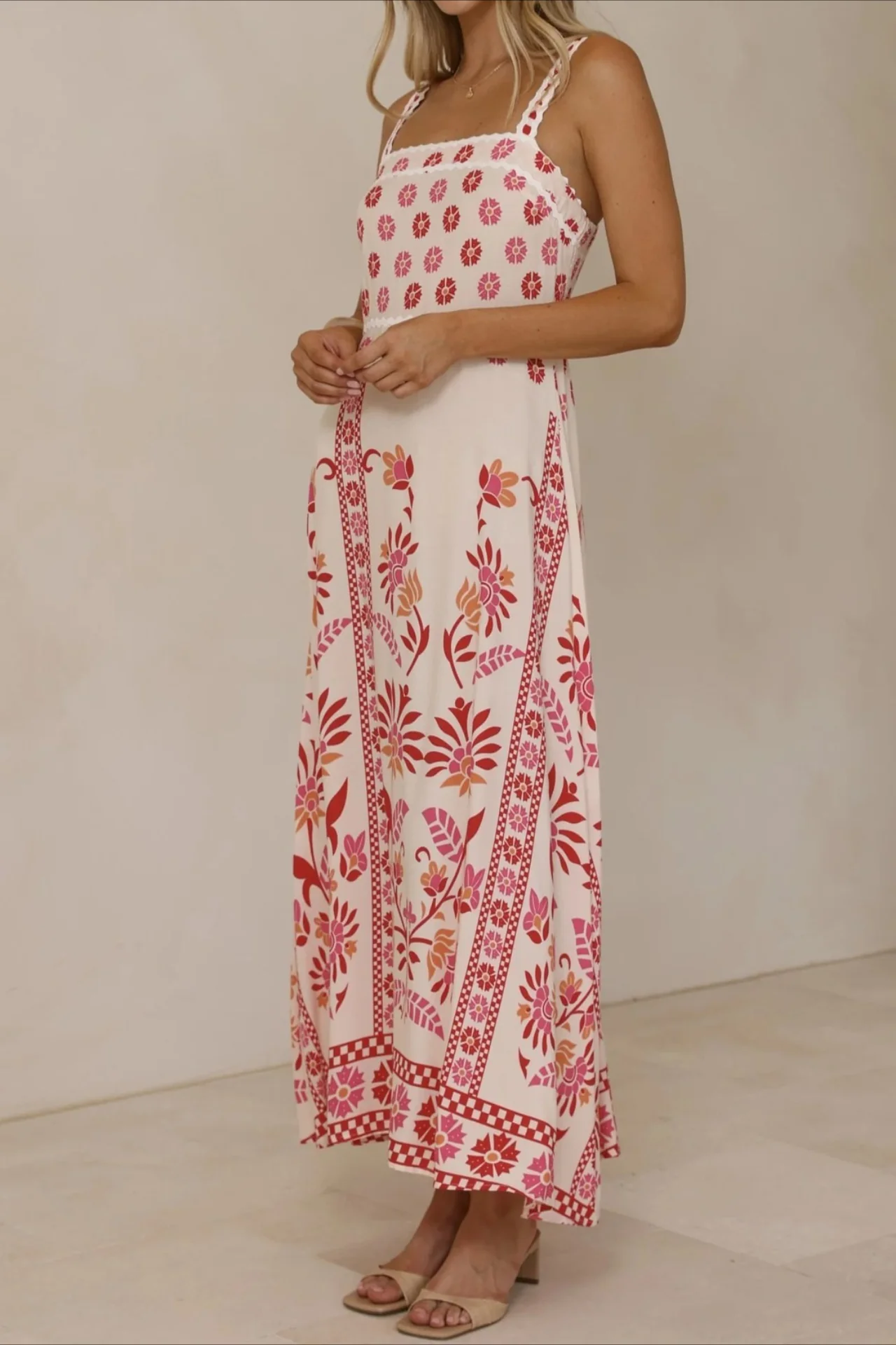 Linen Lace Trim Spaghetti Strap Boho Dress - Image 6