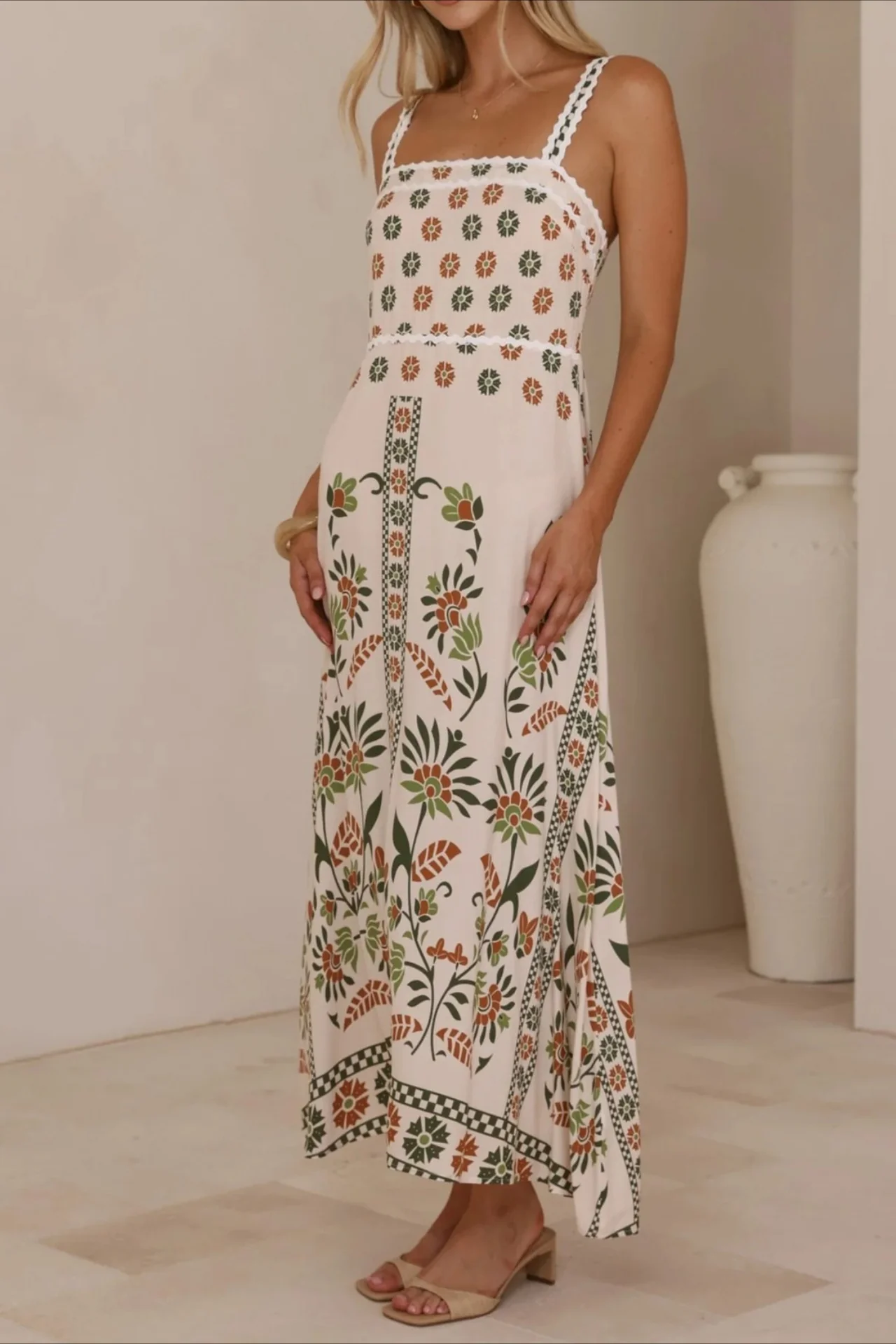 Linen Lace Trim Spaghetti Strap Boho Dress - Image 8