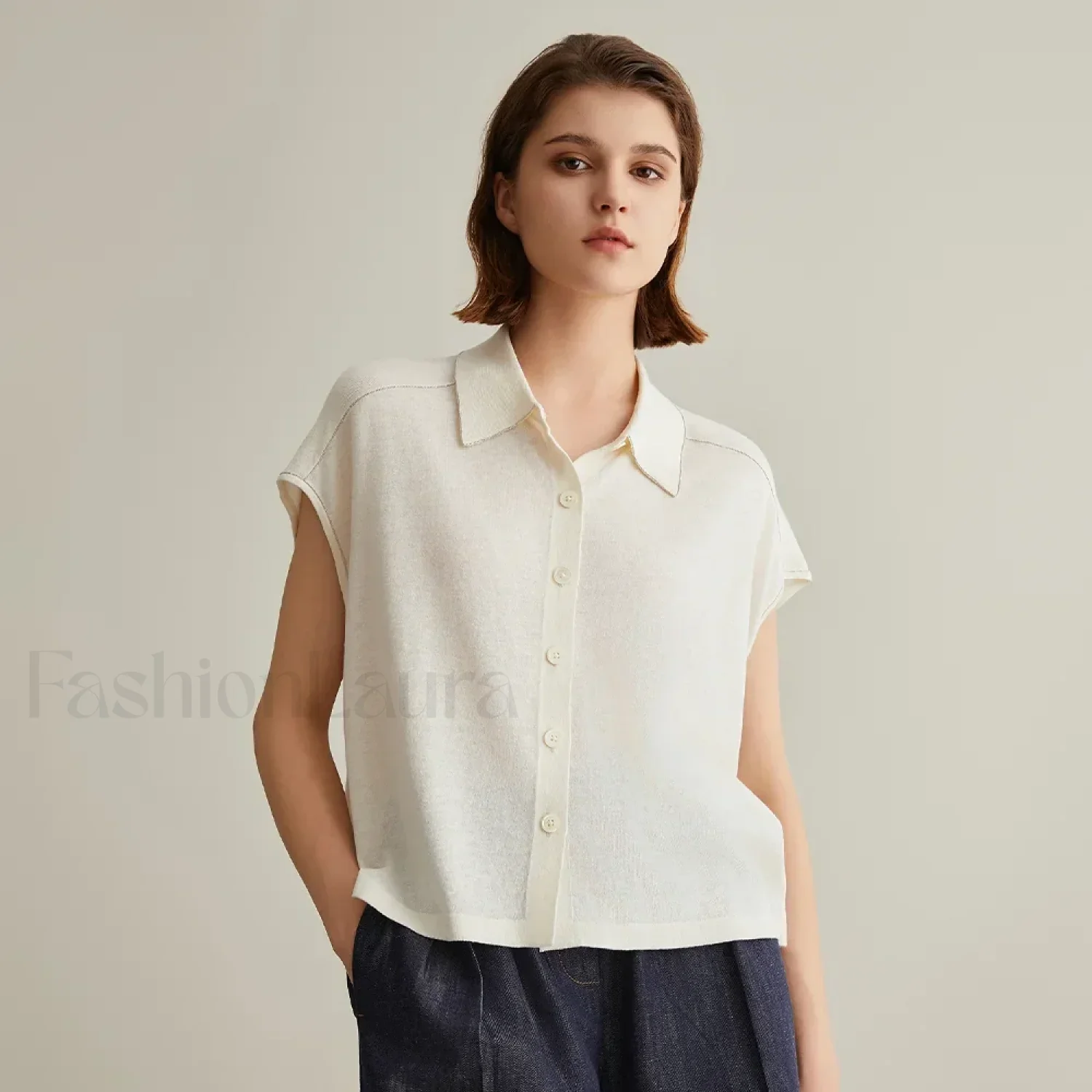 Linen Silk Polo Knitted Cardigan T-Shirt - Image 12
