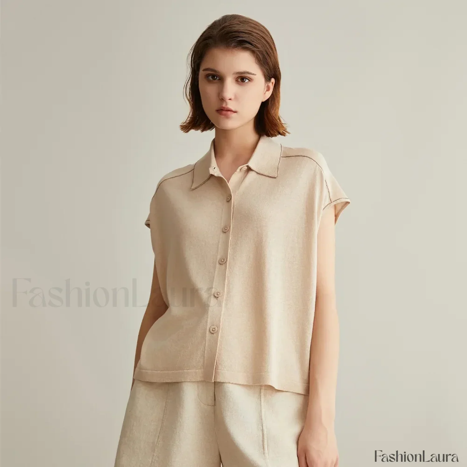 Linen Silk Polo Knitted Cardigan T-Shirt - Image 13