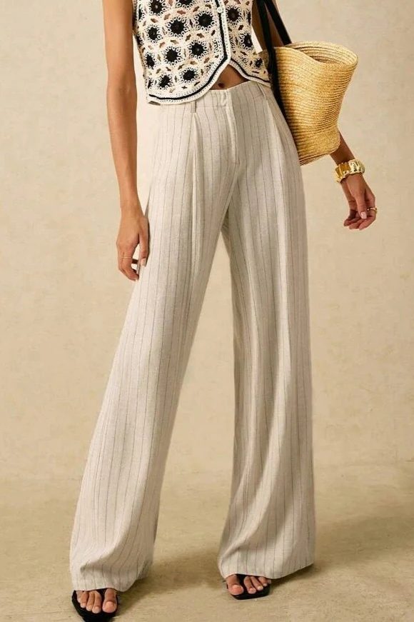 Linen Stripe High Waist Fluid Wide Leg Pants - Image 5