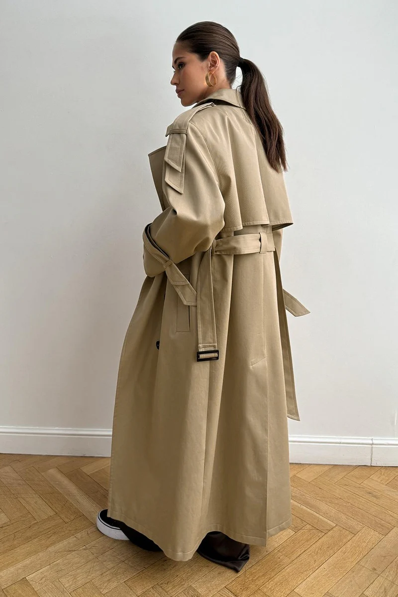 Long Cotton Vintage Tied Relaxed Overcoat - Image 3