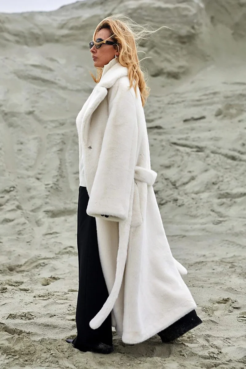 Long Notched Lapel Belted Rabbit Faux Fur Overcoat - Image 3