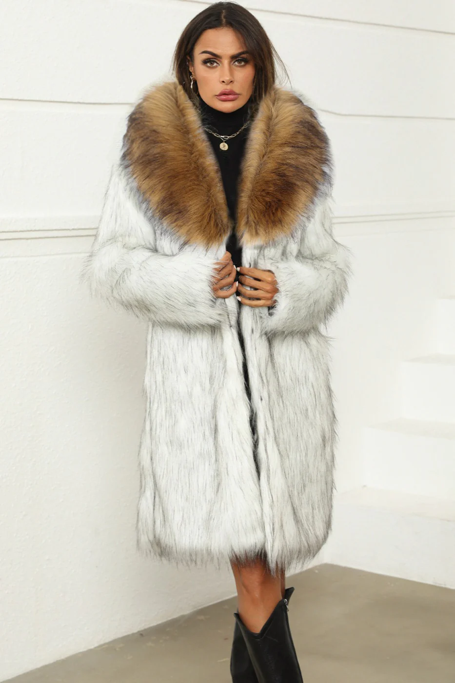 Long Plush Faux Fur Textured Overcoat - Image 6