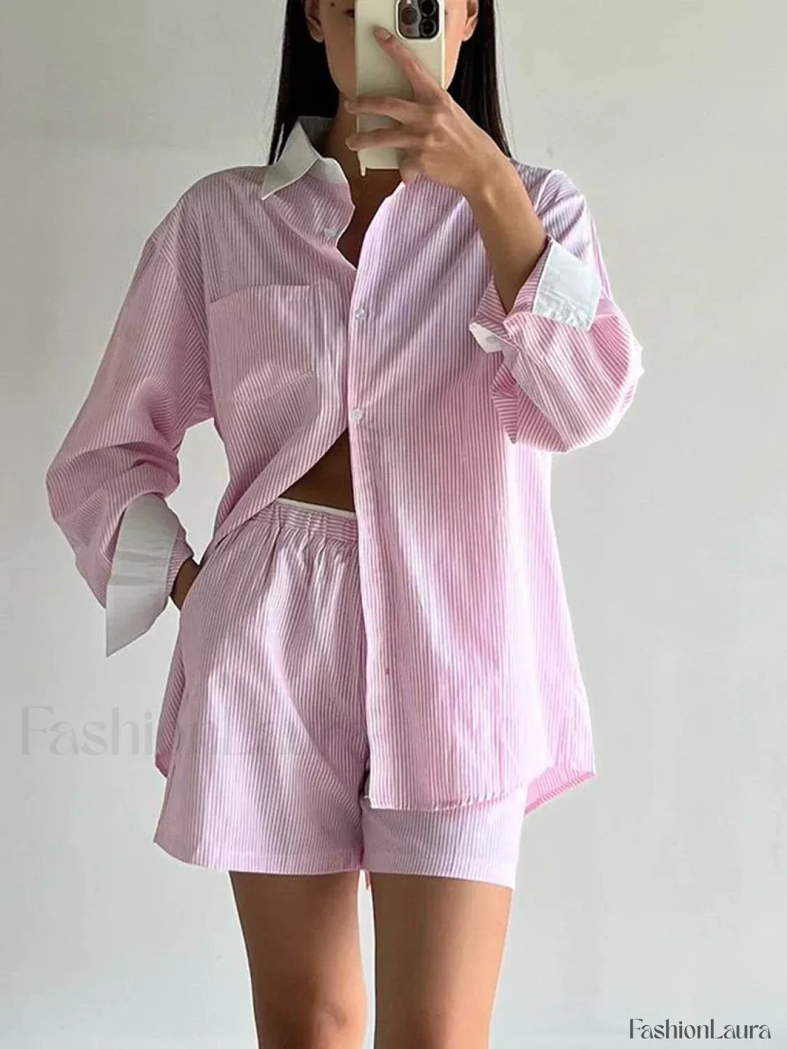 Long Sleeve Collar Pajama Shorts Two Piece Set - Image 11