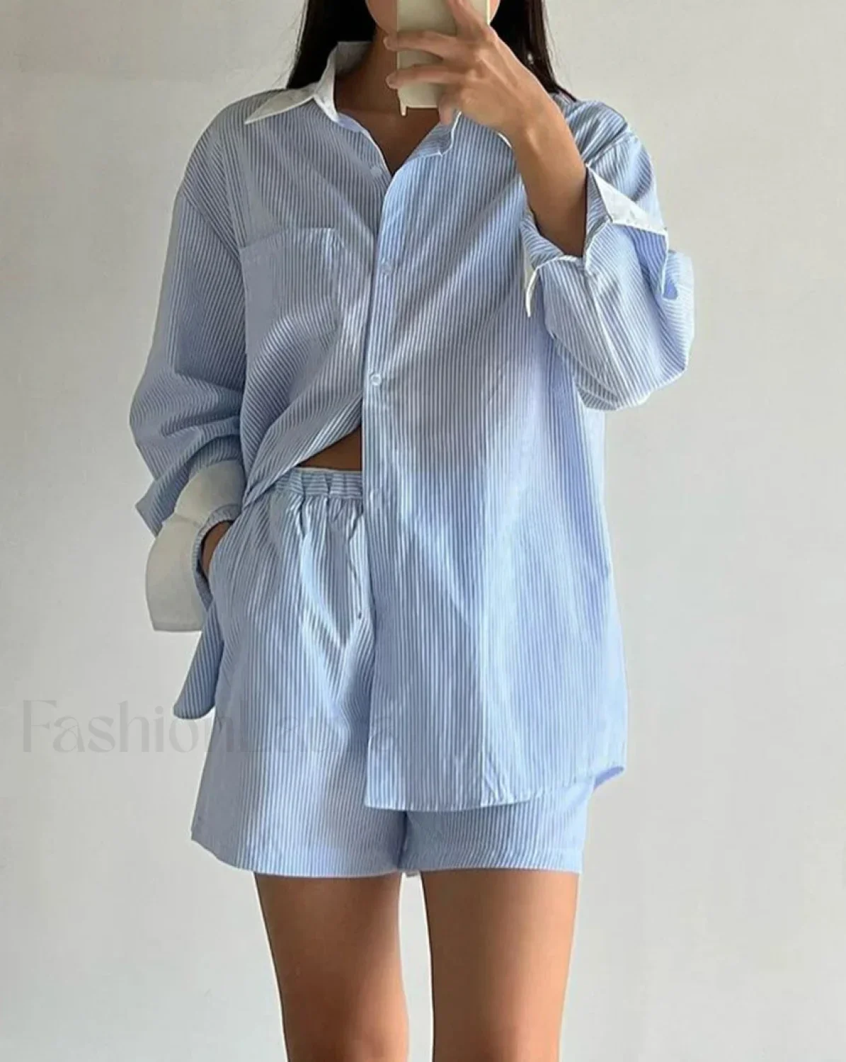 Long Sleeve Collar Pajama Shorts Two Piece Set - Image 9