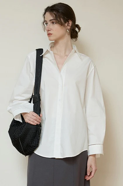 Long Sleeve Cotton Lapel Collar Blouse - Image 4