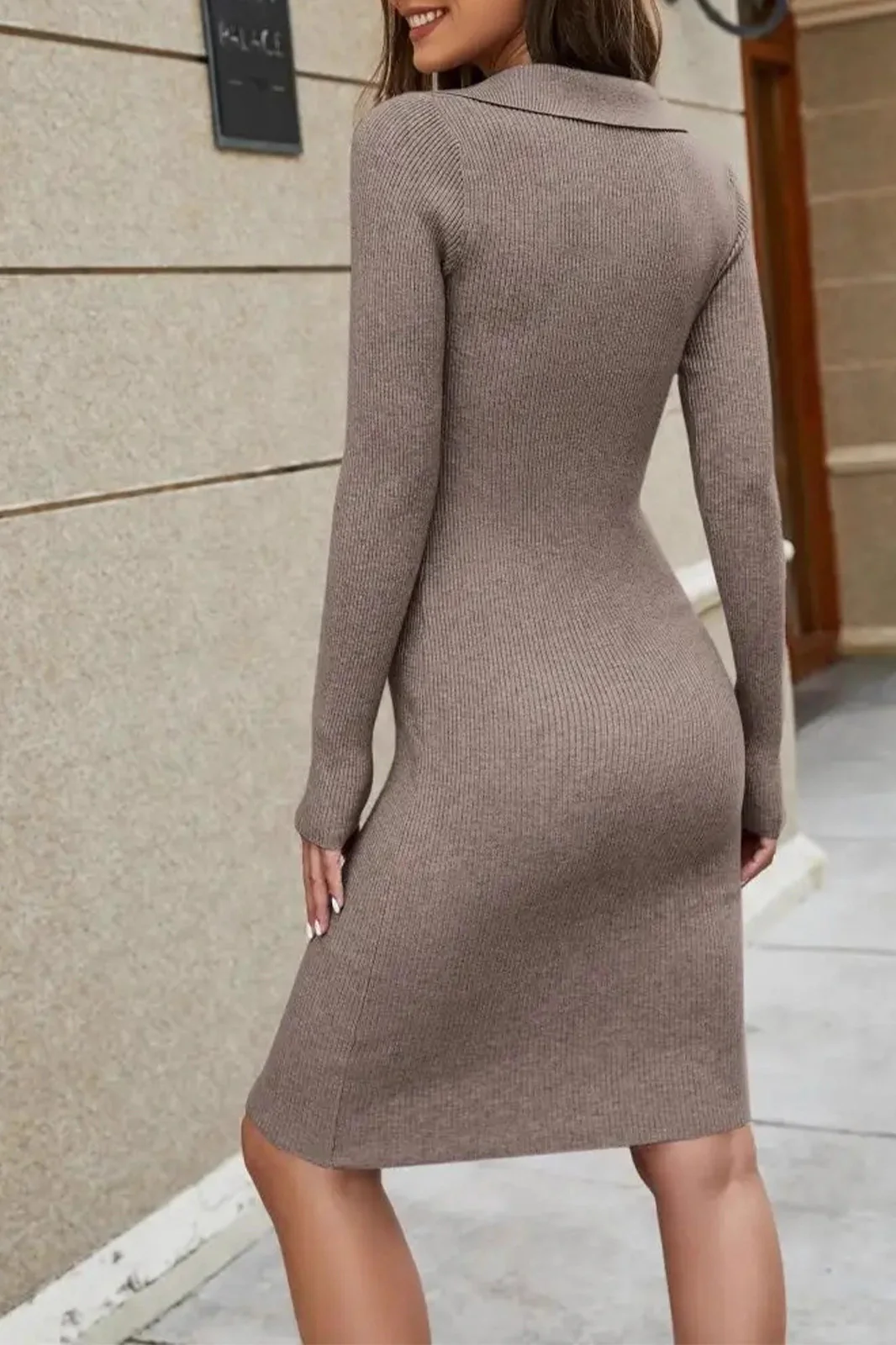 Long Sleeve Knitted V Neck Bodycon Dress - Image 5