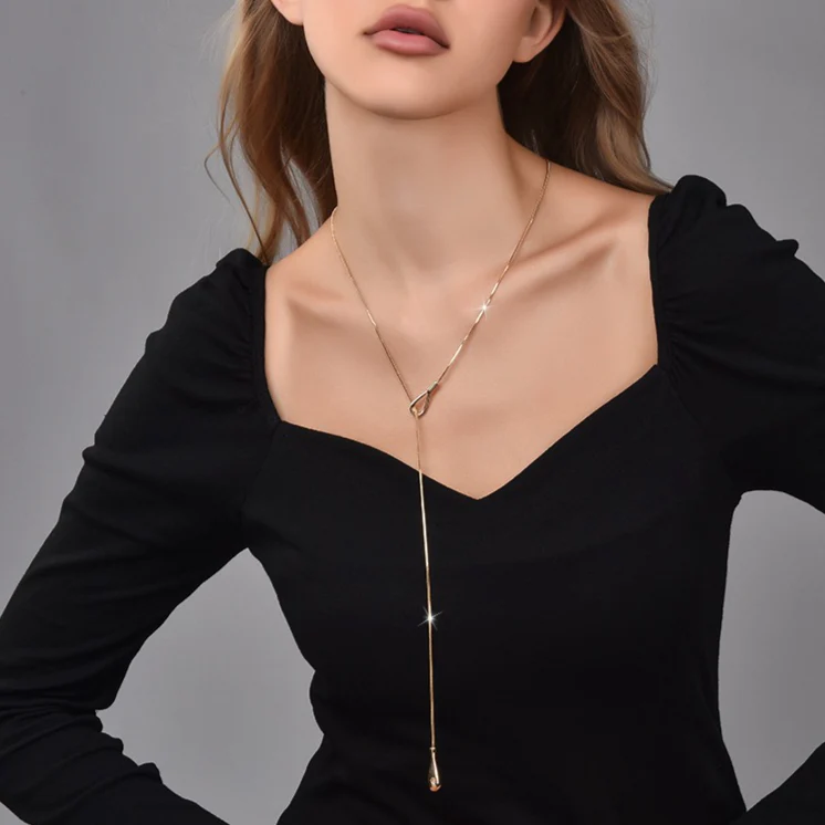 Long Teardrop Pendant Slide Chain Lariat Necklace - Image 2