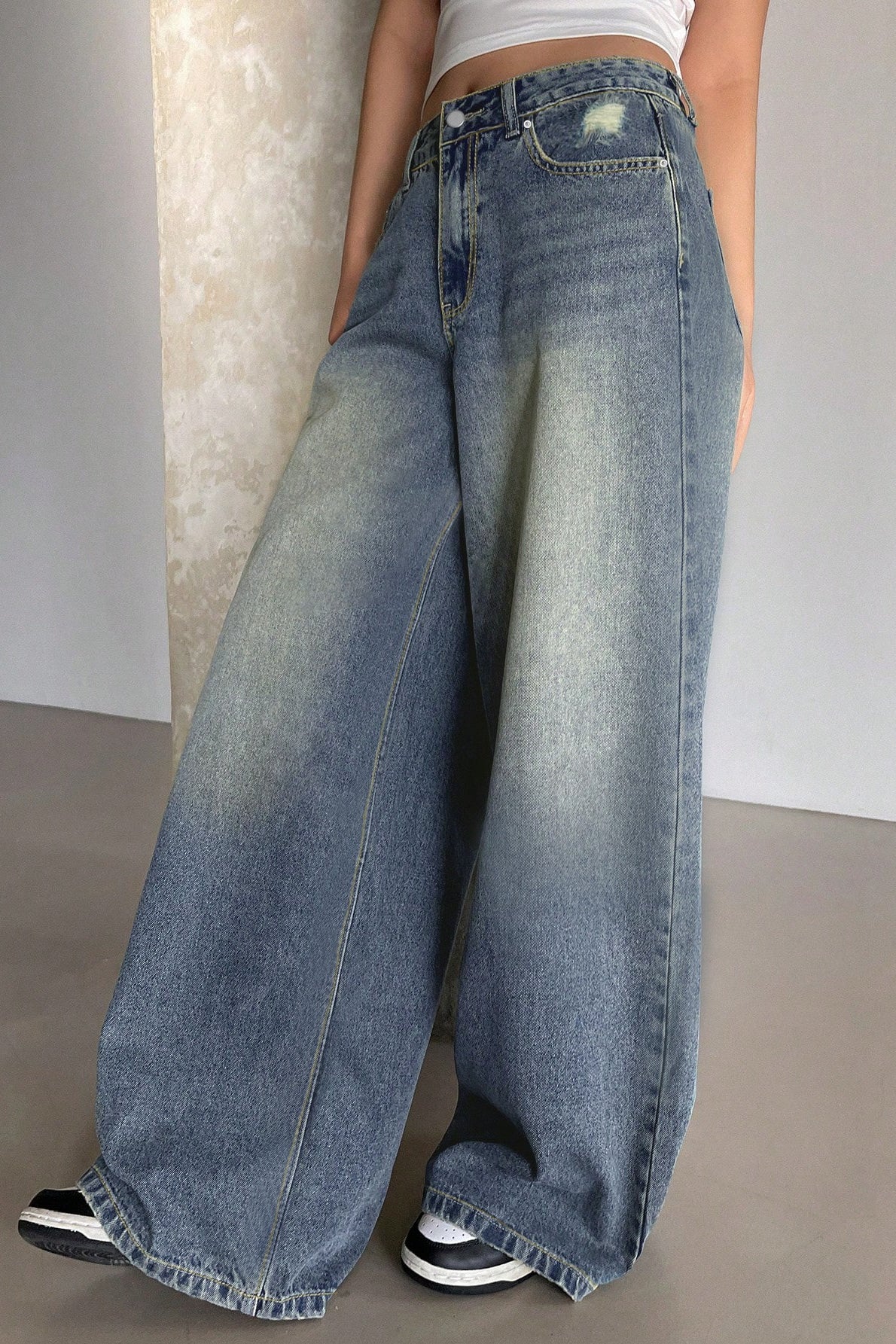Long Wide Leg Washed Blue Ripped Relaxed Jeans - Image 3