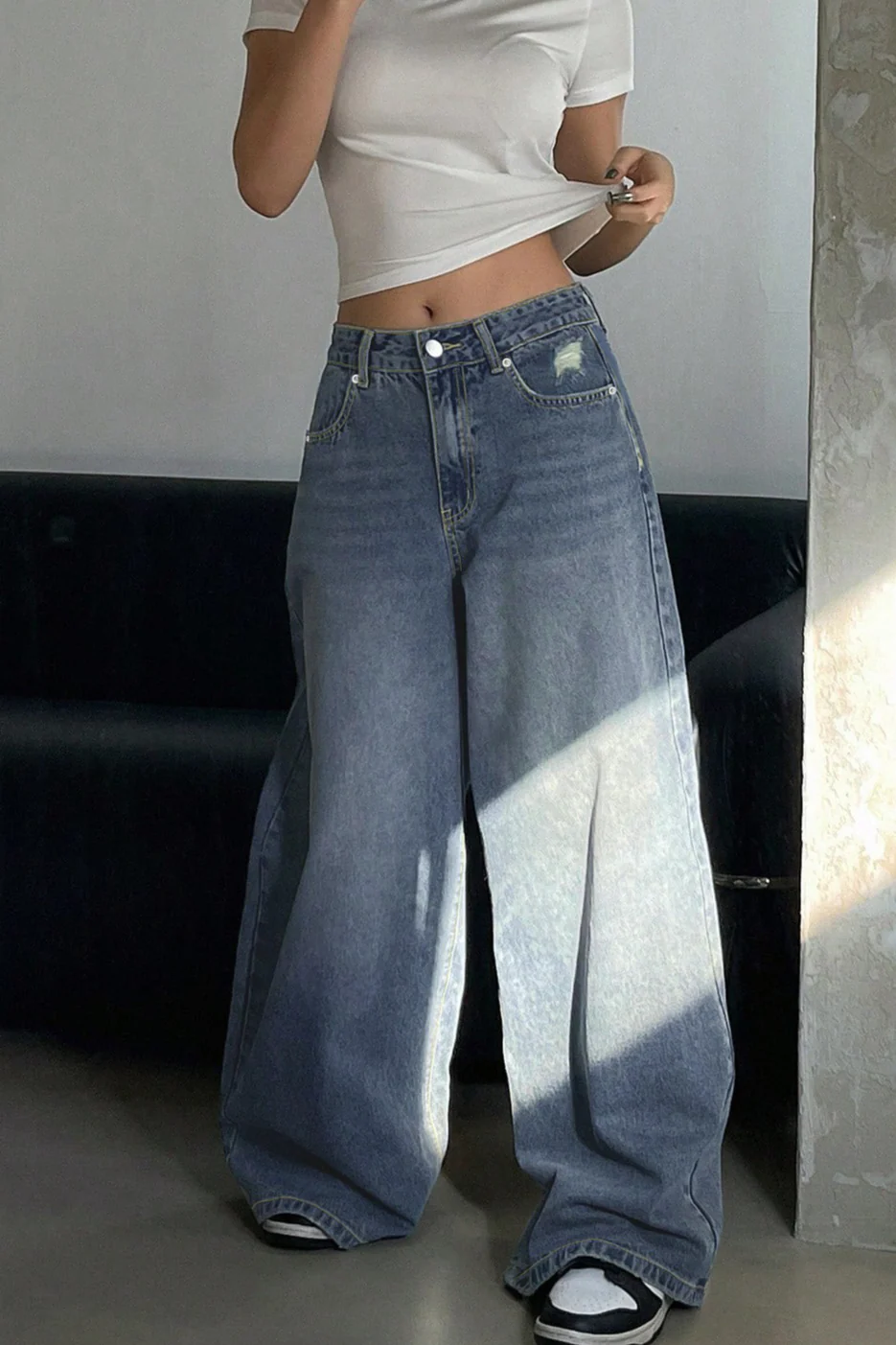 Long Wide Leg Washed Blue Ripped Relaxed Jeans - Image 4