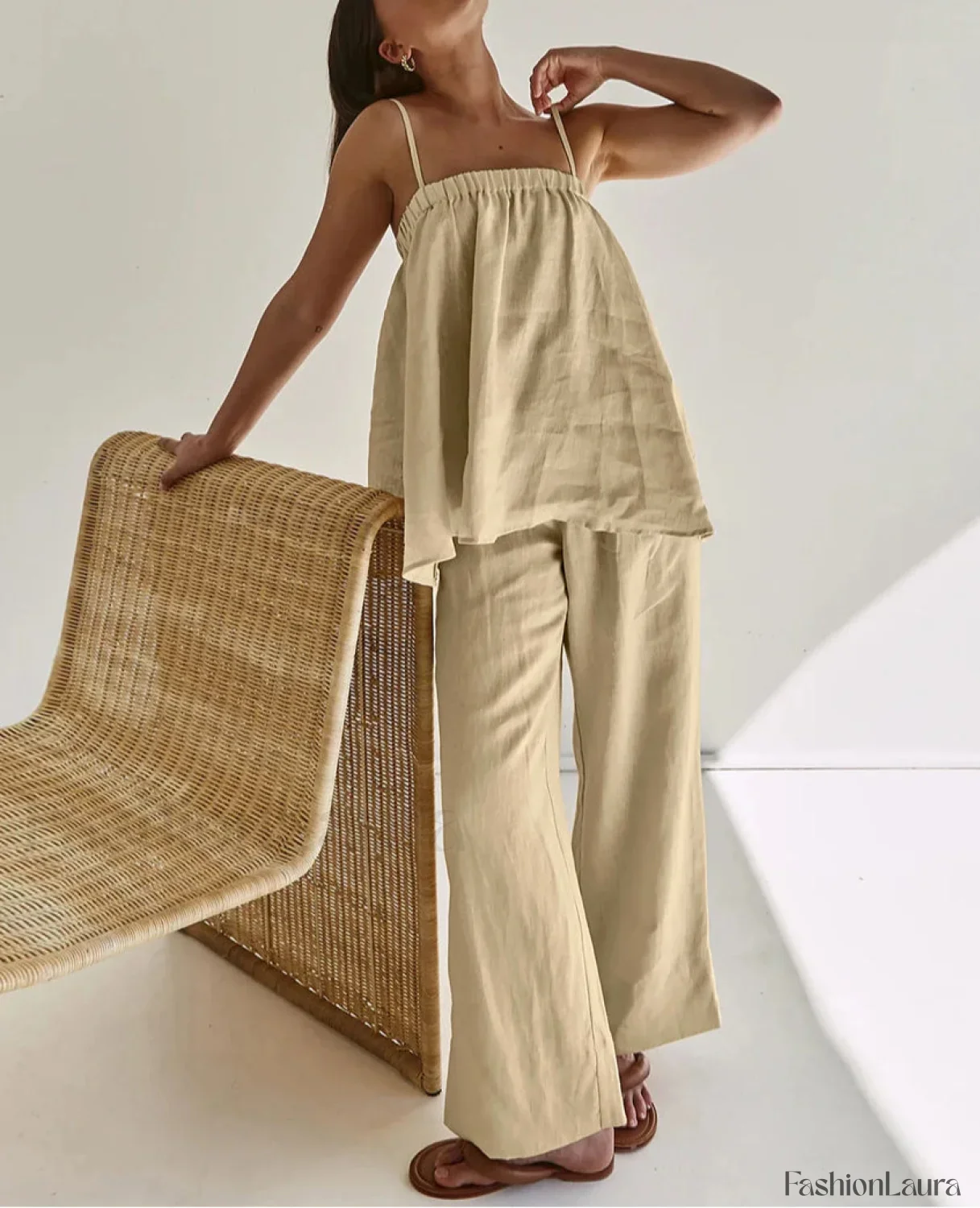 Loose Khaki Cotton Tank Pants Two Piece Set - Image 3