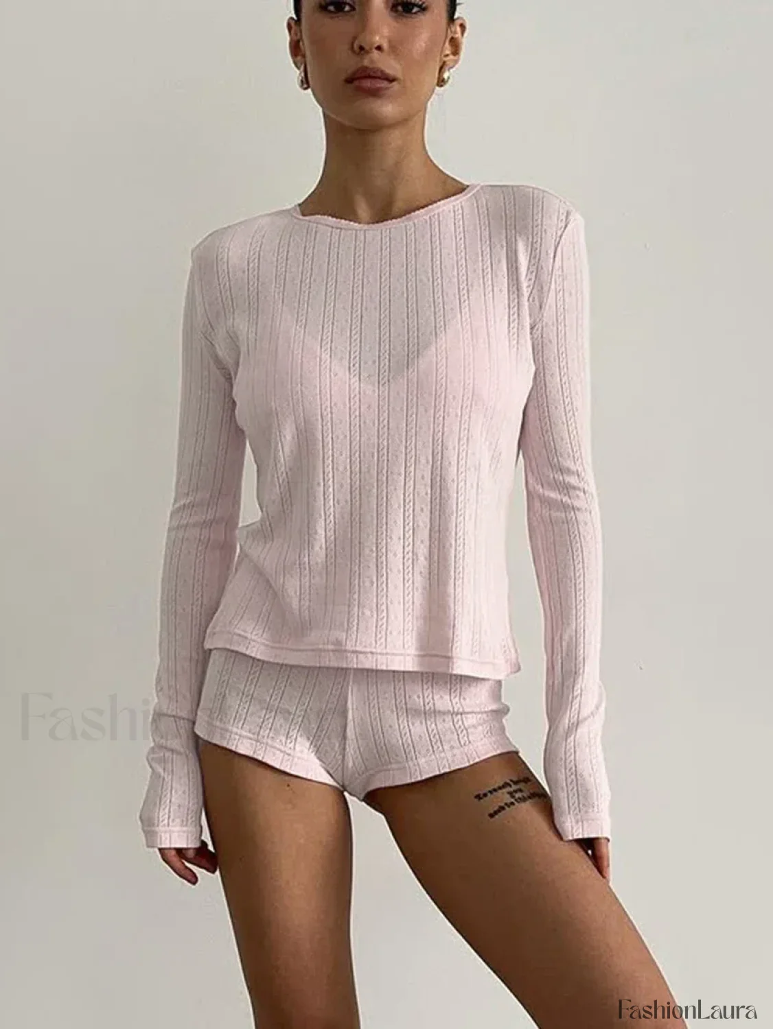 Loose Long Sleeve Knitted Shorts Two Piece Set - Image 5