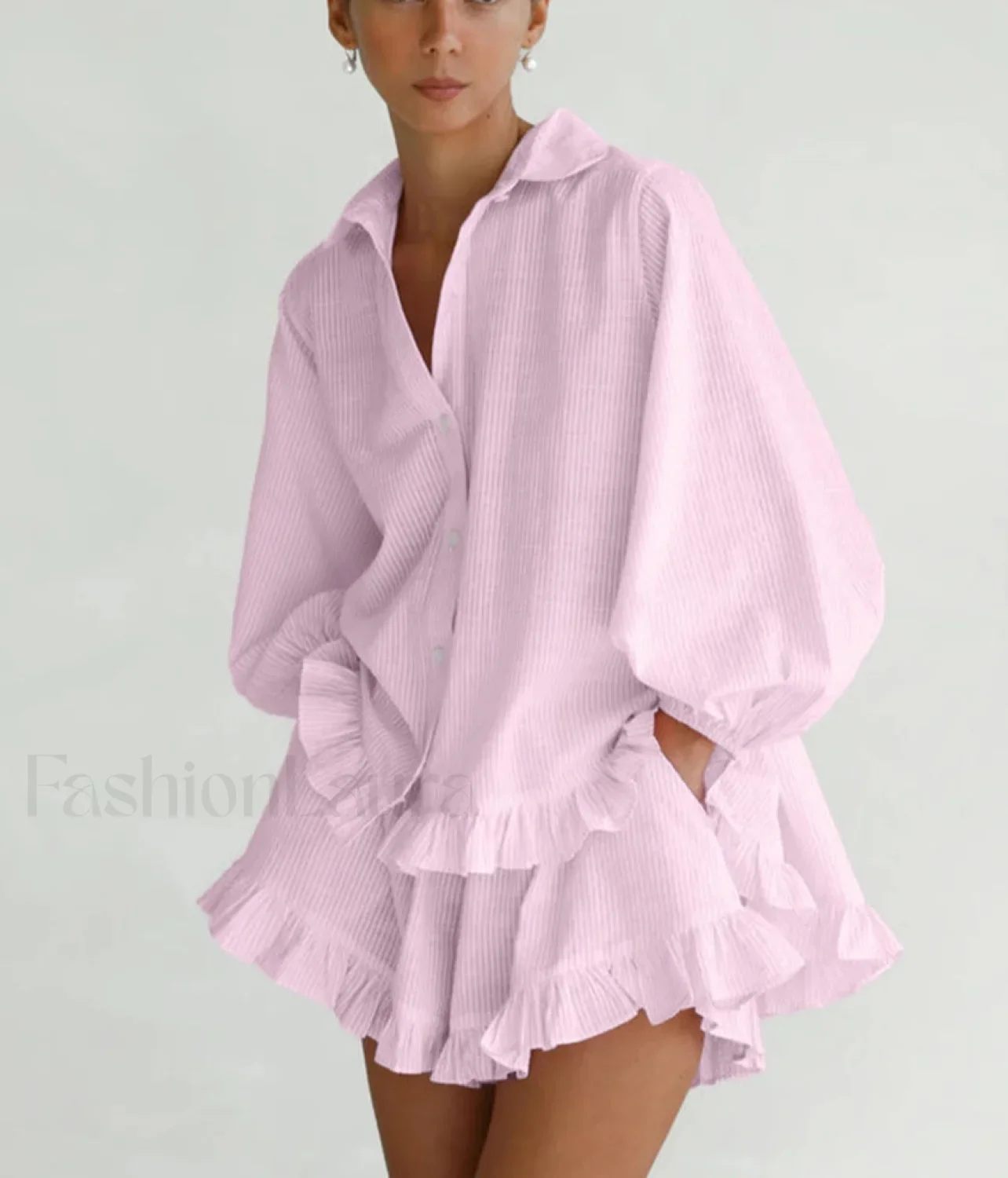 Loose Pink Stripe Ruffle Shorts Two Piece Set - Image 3