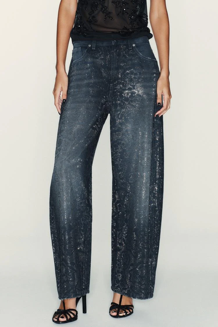 Low Rise Wide Leg Rhinestone Embellished Jeans