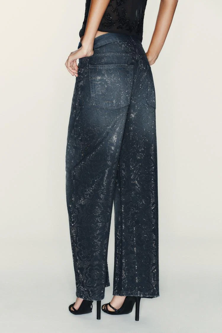 Low Rise Wide Leg Rhinestone Embellished Jeans - Image 2