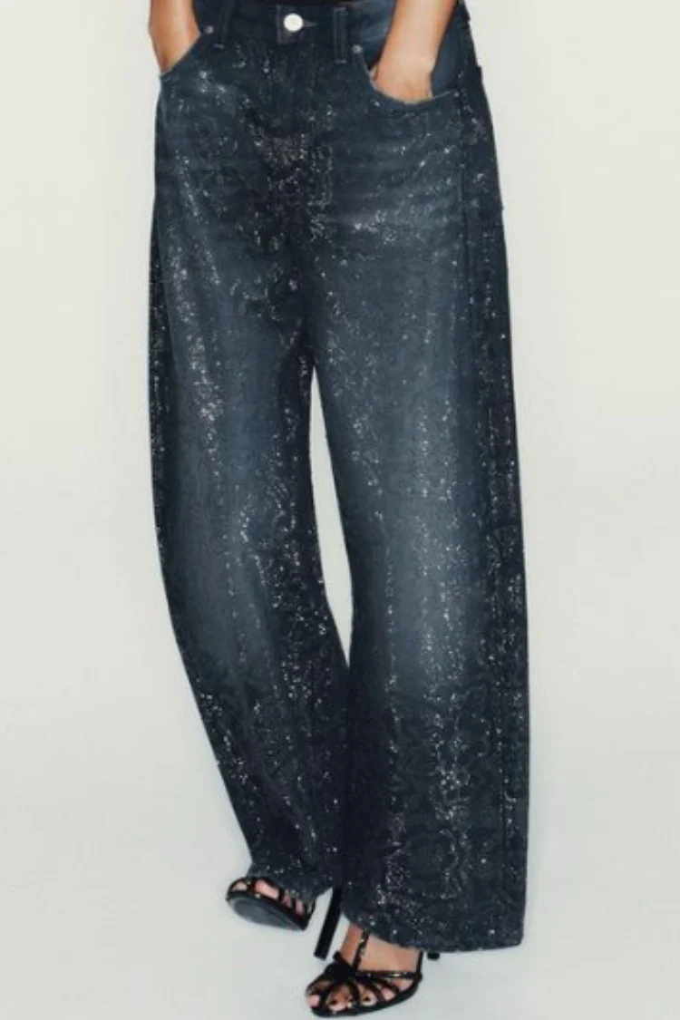 Low Rise Wide Leg Rhinestone Embellished Jeans - Image 3