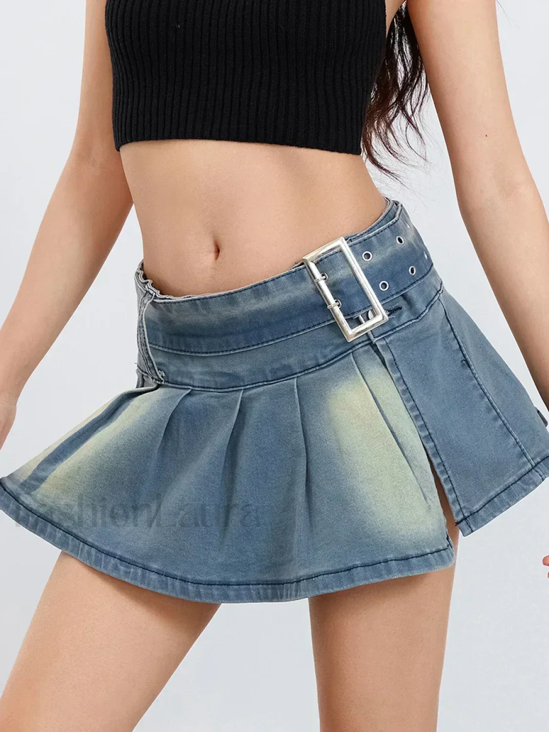 Low Waist Denim Pleated Streetwear Skirt - Image 3