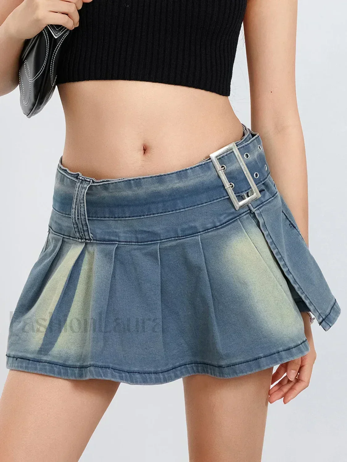Low Waist Denim Pleated Streetwear Skirt - Image 4