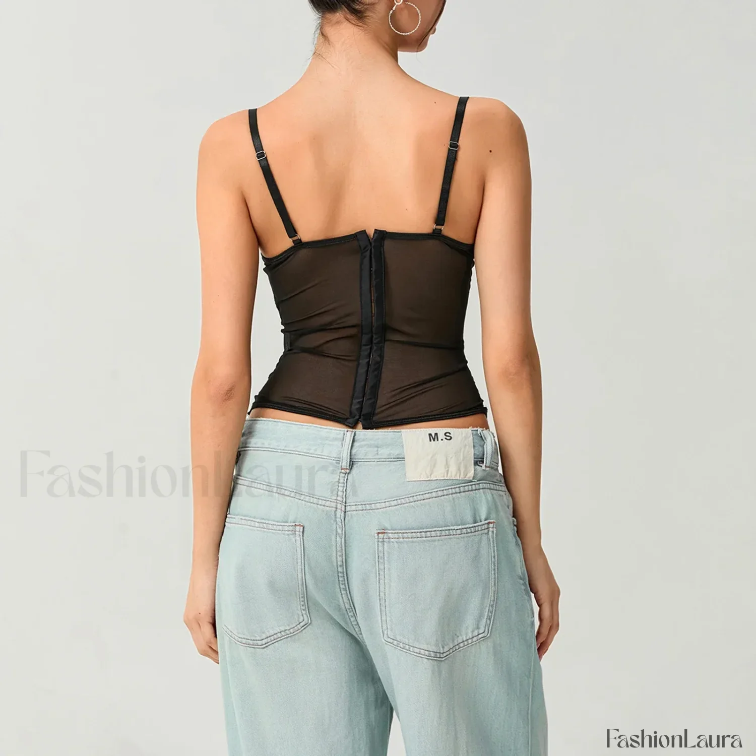 Mesh Bustier Lace Embroidery Corset Spaghetti Strap Crop Top - Image 11