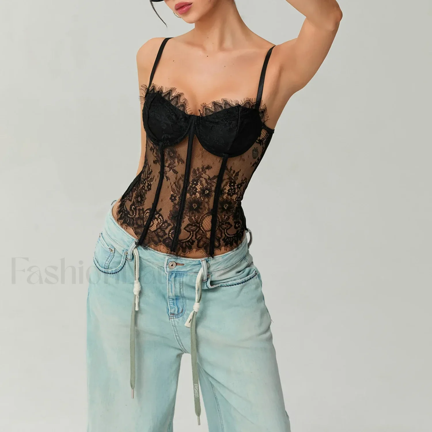 Mesh Bustier Lace Embroidery Corset Spaghetti Strap Crop Top - Image 3