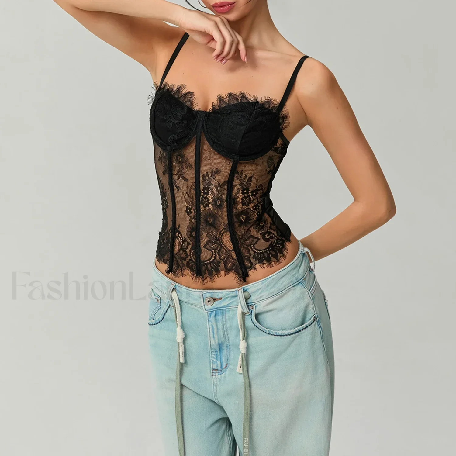 Mesh Bustier Lace Embroidery Corset Spaghetti Strap Crop Top - Image 7